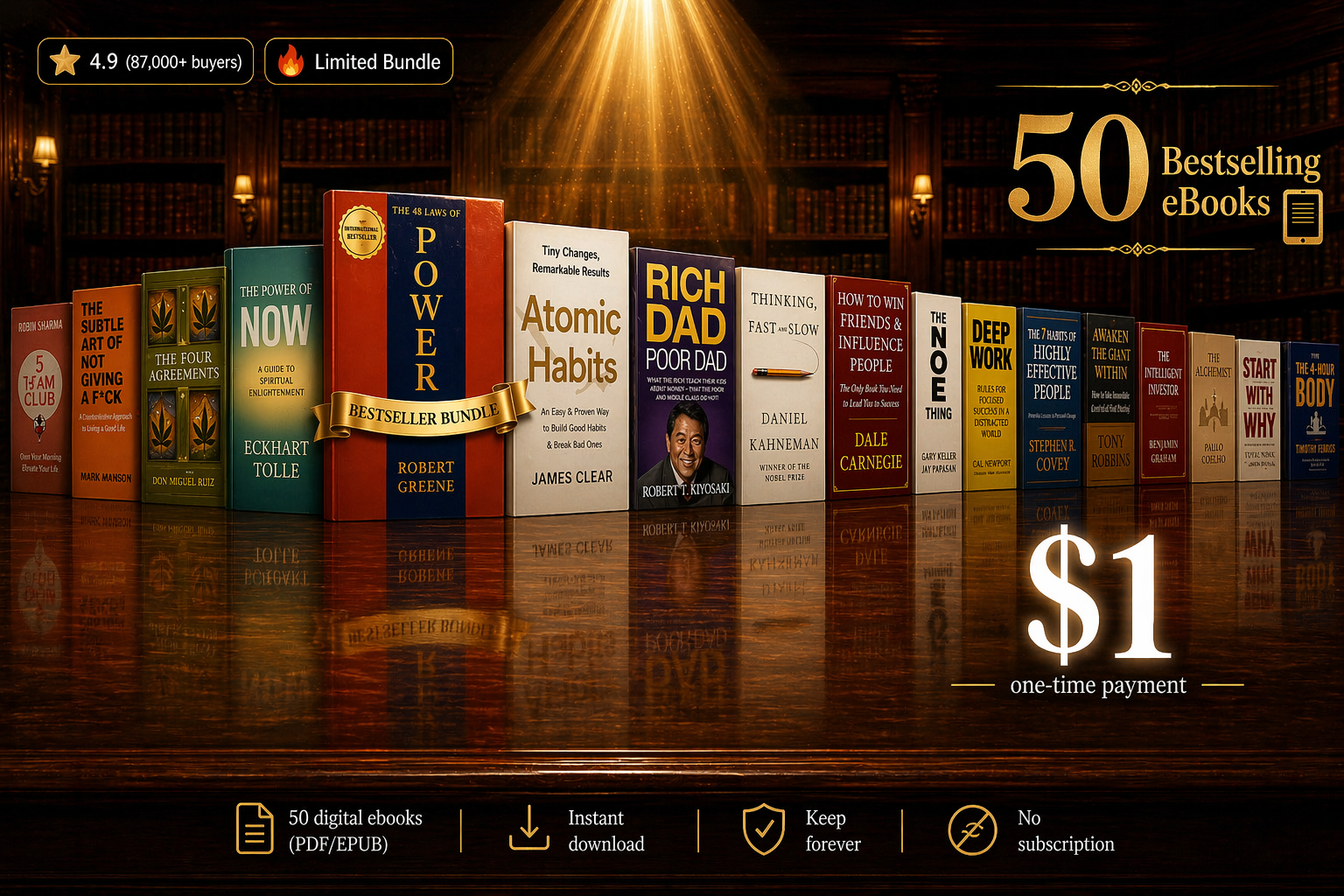 50 bestselling eBooks bundle for $1 one-time payment